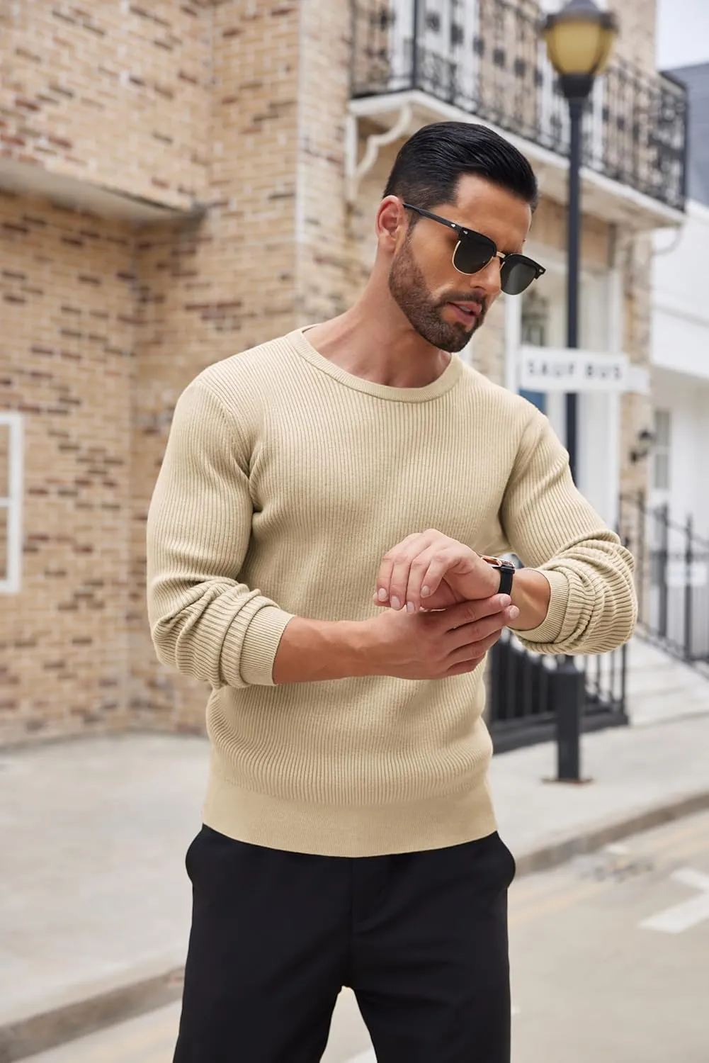 COOFANDY Men's Ribbed Crewneck Sweater Long Sleeve Slim Fit Knitted Pullover Sweater