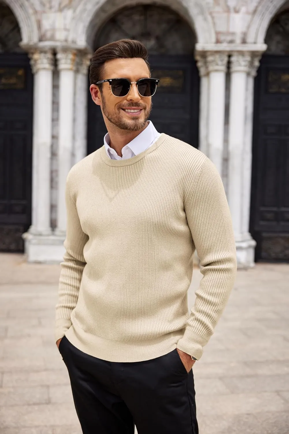 COOFANDY Men's Ribbed Crewneck Sweater Long Sleeve Slim Fit Knitted Pullover Sweater
