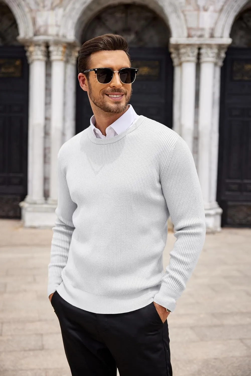 COOFANDY Men's Ribbed Crewneck Sweater Long Sleeve Slim Fit Knitted Pullover Sweater