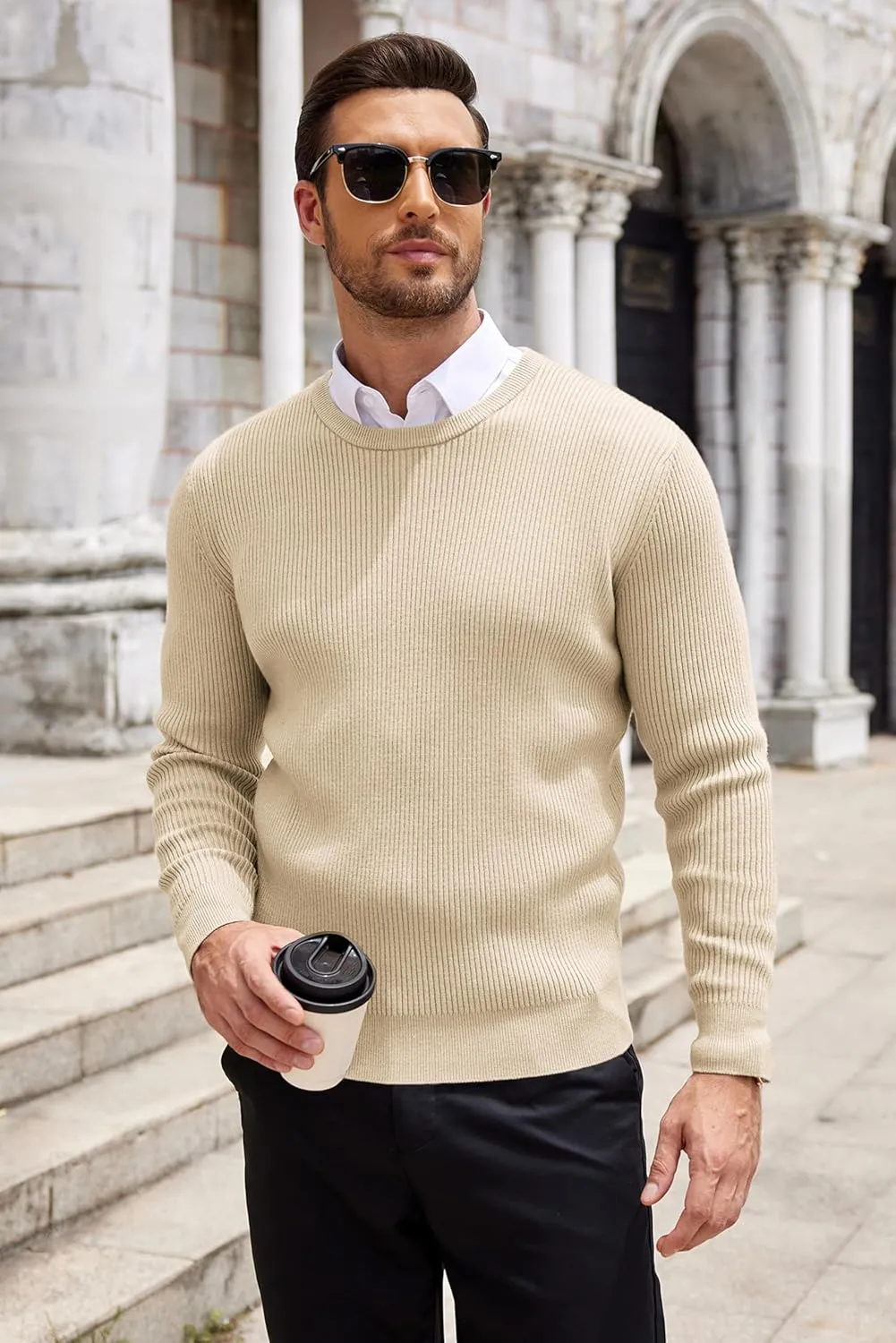 COOFANDY Men's Ribbed Crewneck Sweater Long Sleeve Slim Fit Knitted Pullover Sweater