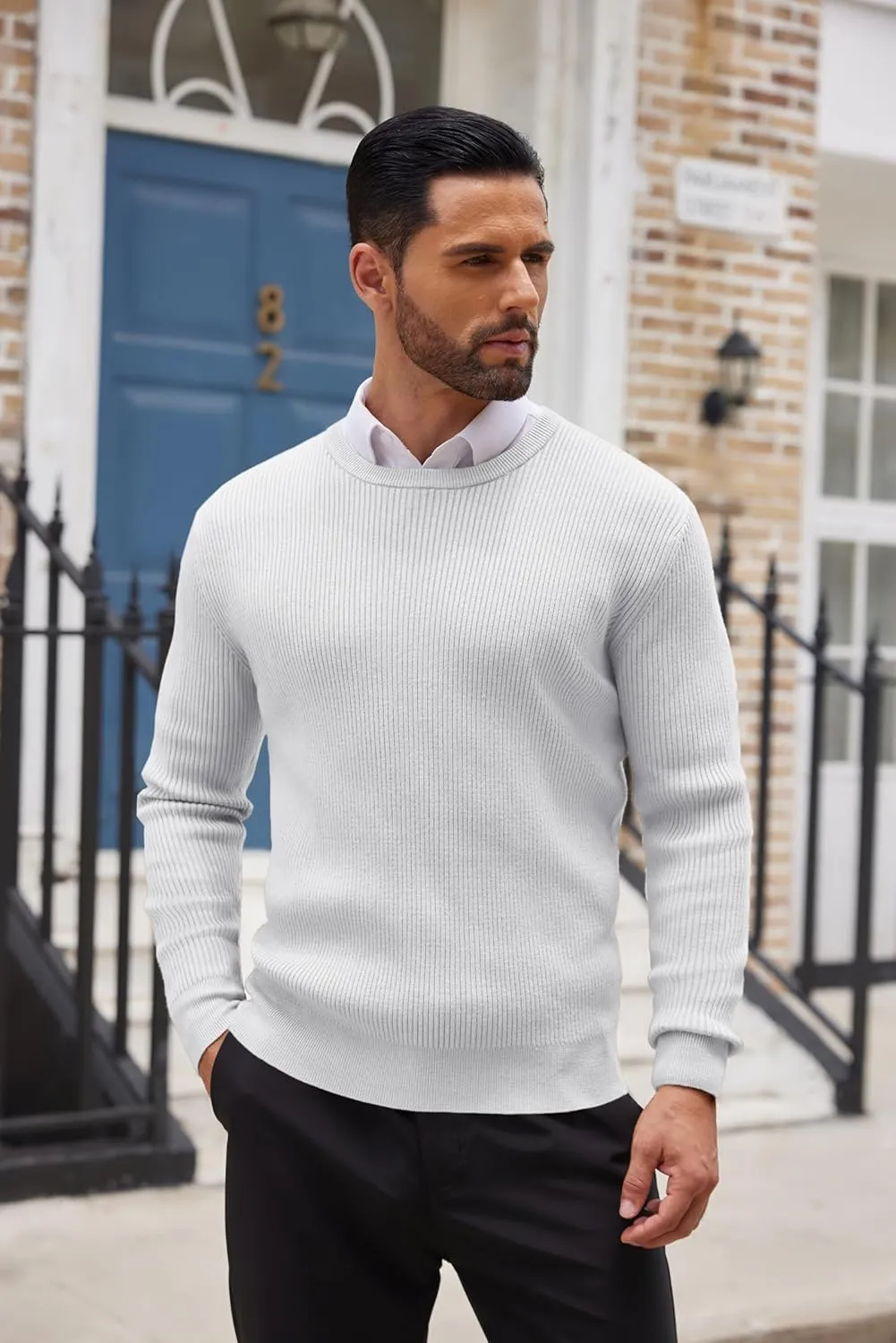 COOFANDY Men's Ribbed Crewneck Sweater Long Sleeve Slim Fit Knitted Pullover Sweater