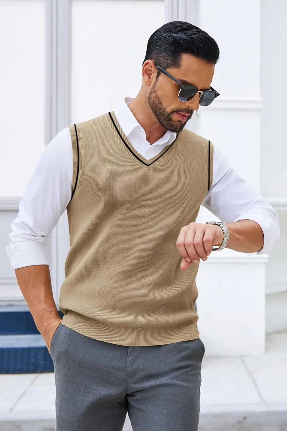 COOFANDY Men's Sweater Vest V Neck Sleeveless Sweater Slim Fit Casual Knitted Pullover Sweater