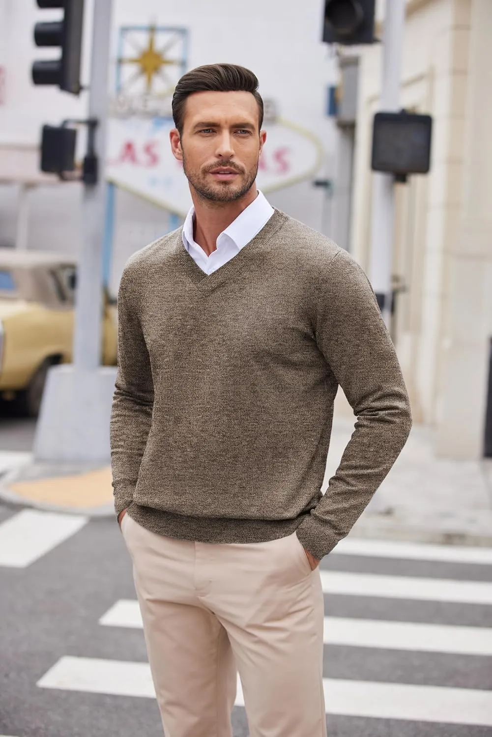 COOFANDY Mens V Neck Dress Sweater Long Sleeve Slim Fit Fashion Pullover Sweater