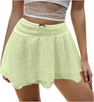 cooki Lace Mini Skirt for Women Y2k, Women's Cute Flowy Pleated Mini Skirt Sexy Lace High Waisted Ruffle Short Skirts