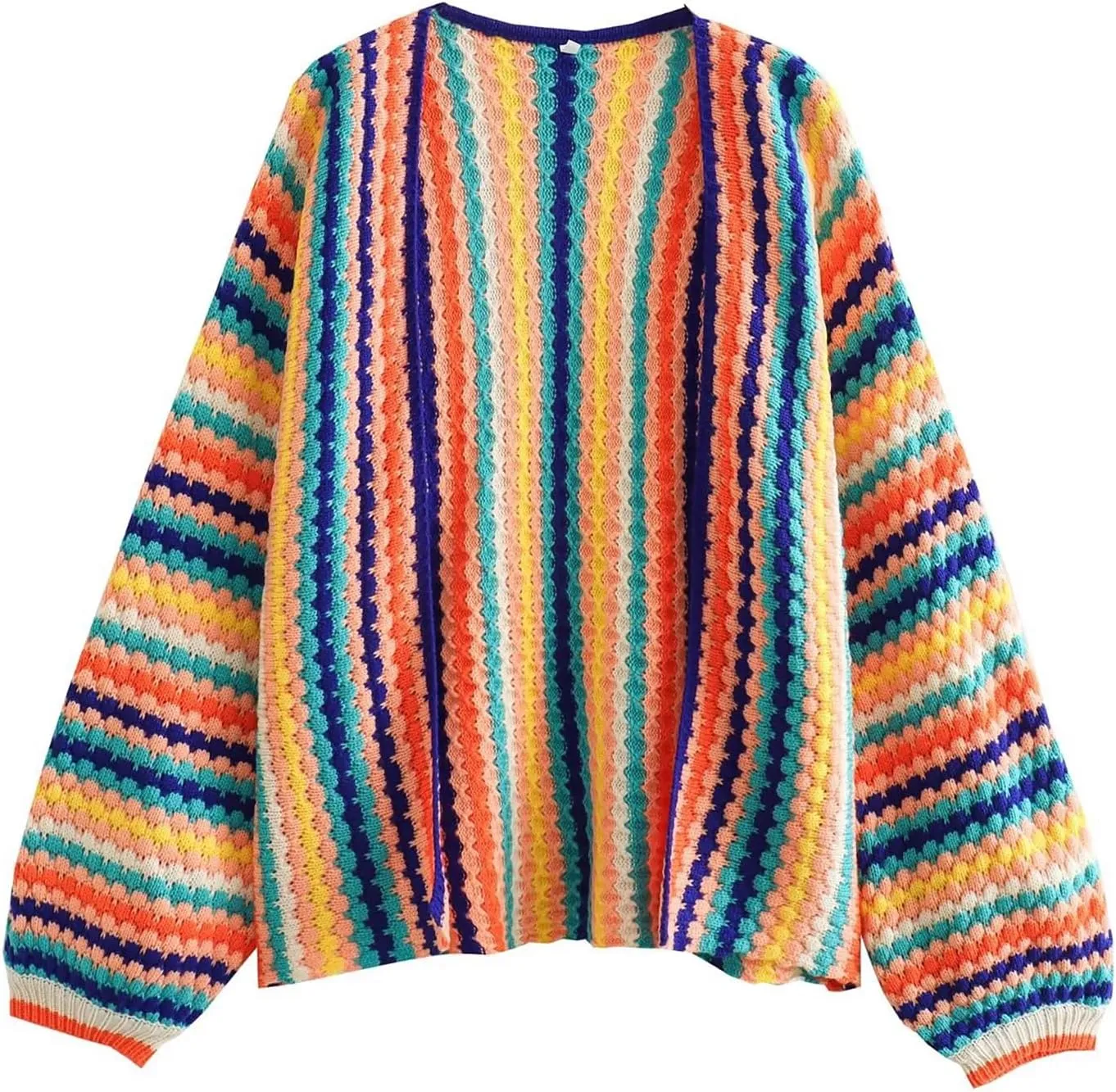 CORIRESHA Women's Rainbow Cardigan Open Front Long Sleeve Boho Crochet Colorful Striped Sweater