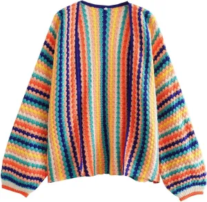 CORIRESHA Women's Rainbow Cardigan Open Front Long Sleeve Boho Crochet Colorful Striped Sweater