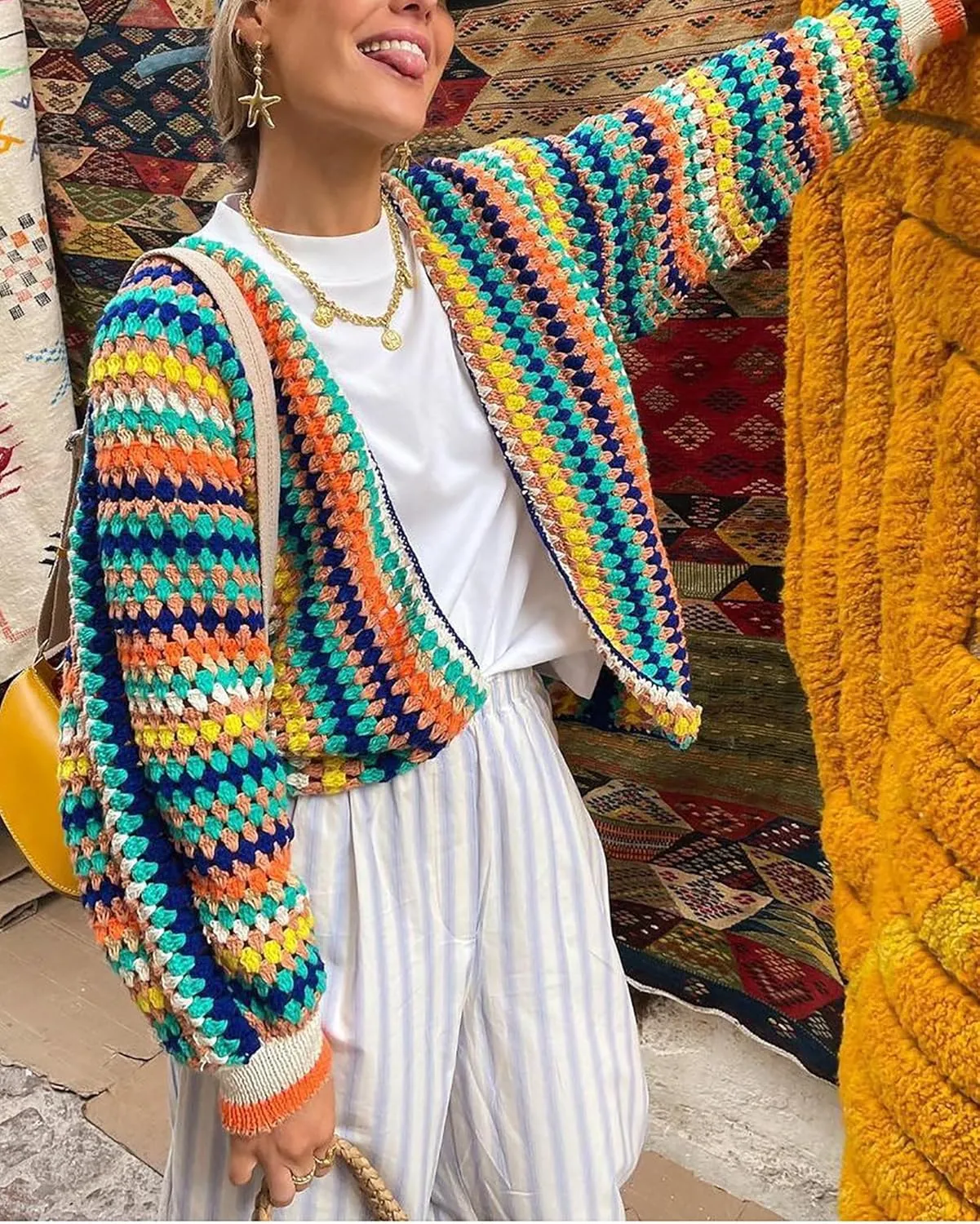 CORIRESHA Women's Rainbow Cardigan Open Front Long Sleeve Boho Crochet Colorful Striped Sweater
