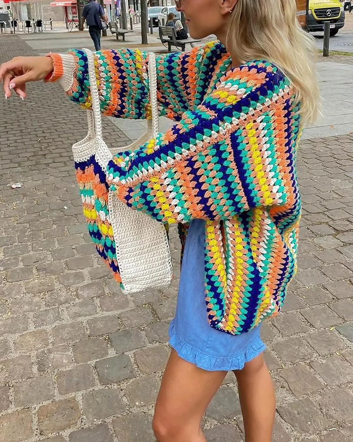 CORIRESHA Women's Rainbow Cardigan Open Front Long Sleeve Boho Crochet Colorful Striped Sweater