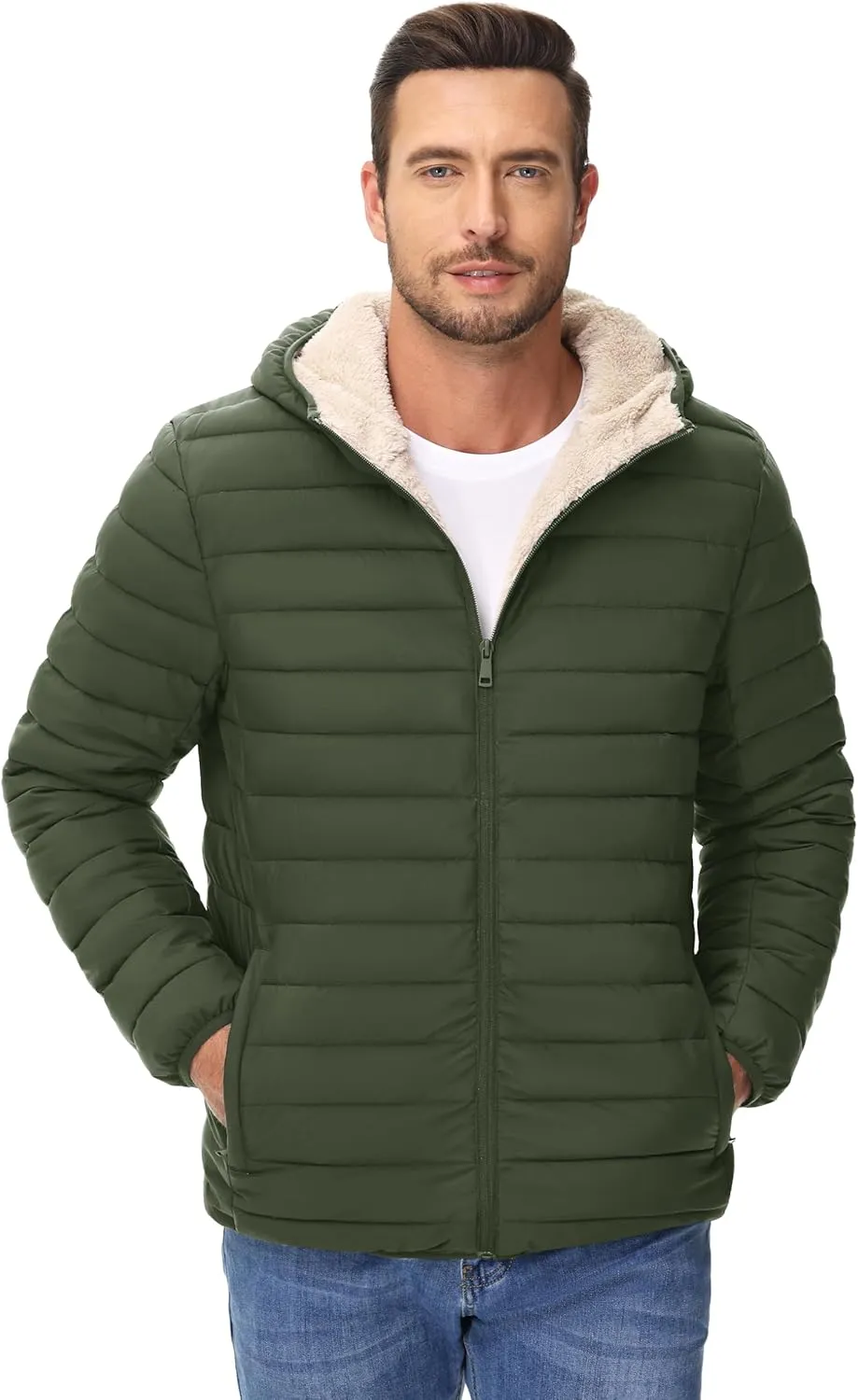 Cotrasen Mens Puffer Jacket Sherpa Lined Water Resistant Hooded Full Zip Mid-Weight Warm Insulated Winter Coat