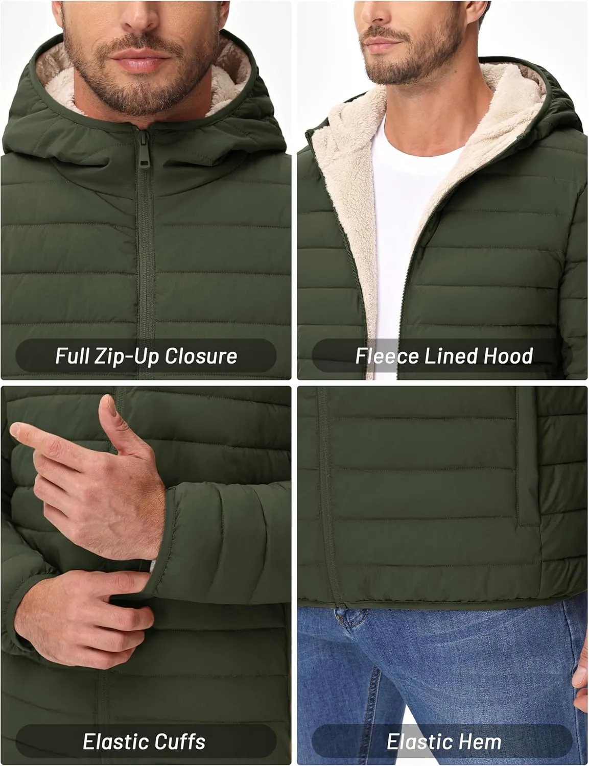 Cotrasen Mens Puffer Jacket Sherpa Lined Water Resistant Hooded Full Zip Mid-Weight Warm Insulated Winter Coat