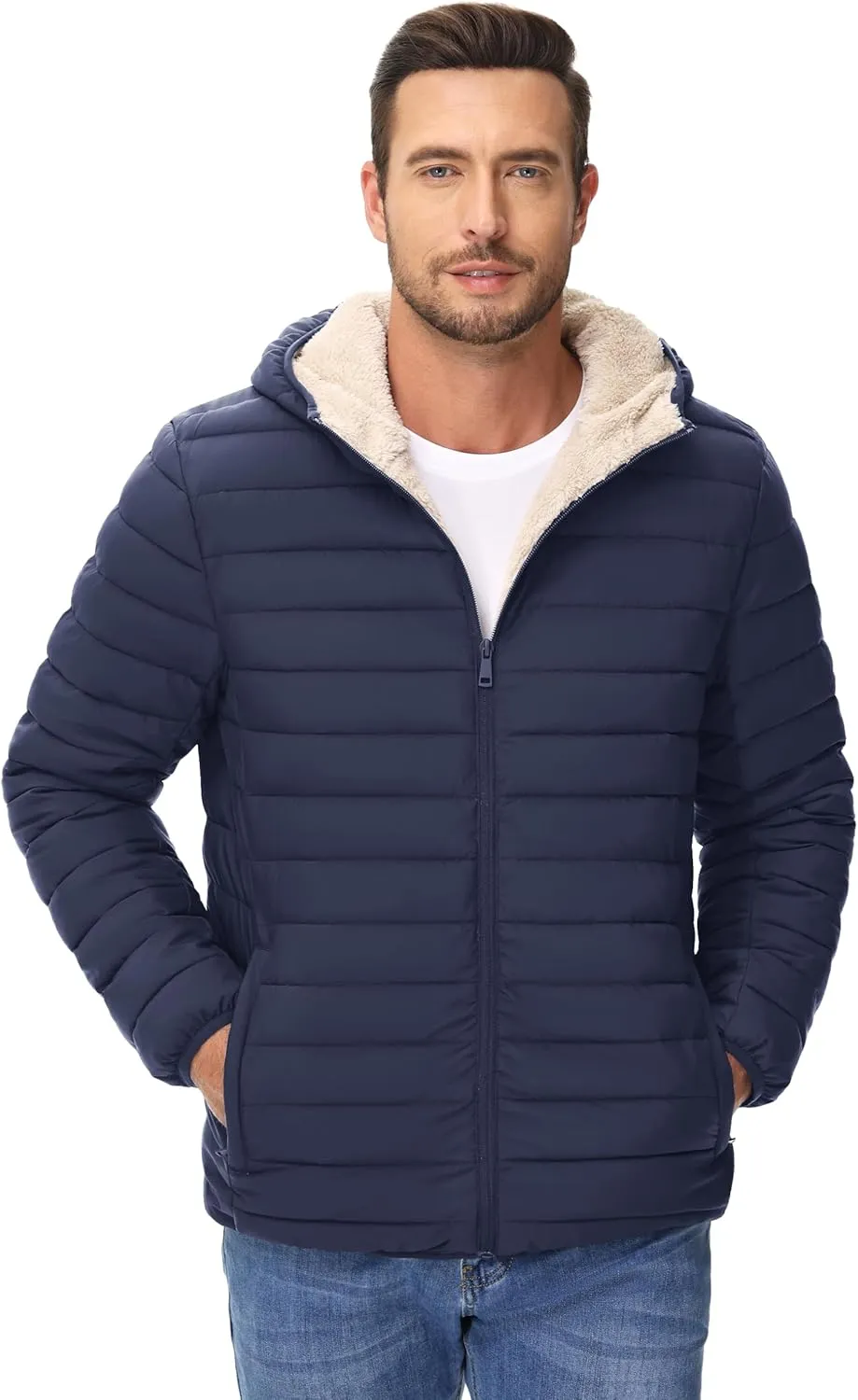 Cotrasen Mens Puffer Jacket Sherpa Lined Water Resistant Hooded Full Zip Mid-Weight Warm Insulated Winter Coat