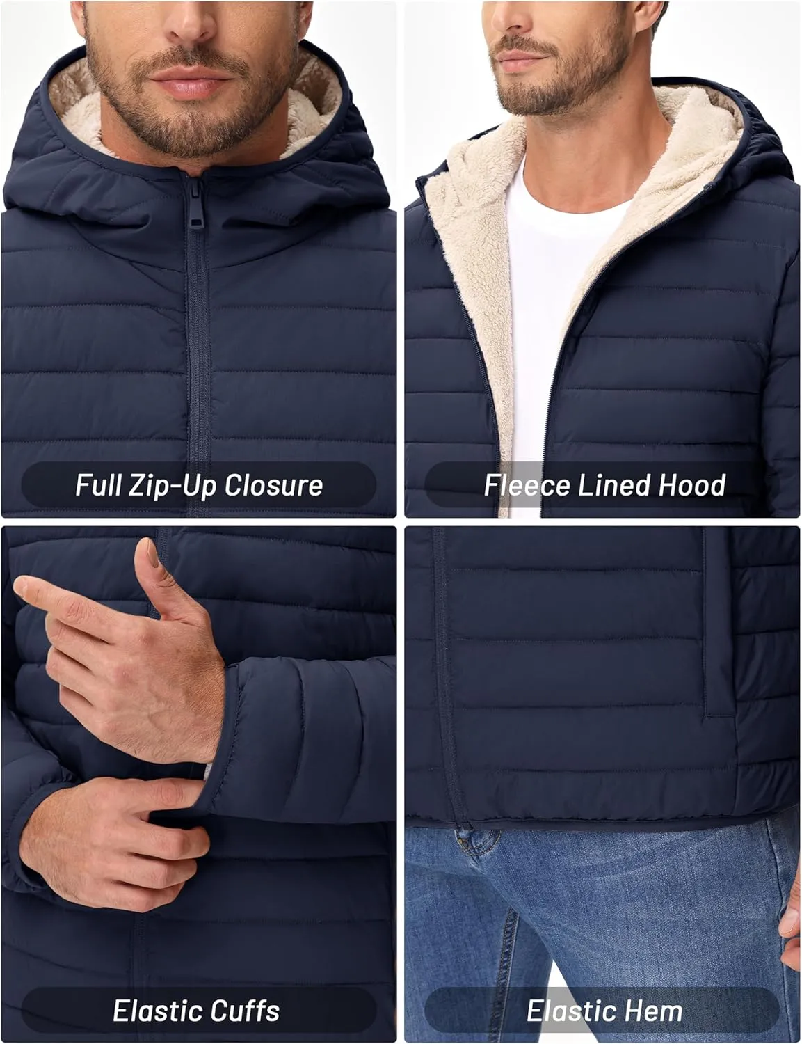 Cotrasen Mens Puffer Jacket Sherpa Lined Water Resistant Hooded Full Zip Mid-Weight Warm Insulated Winter Coat