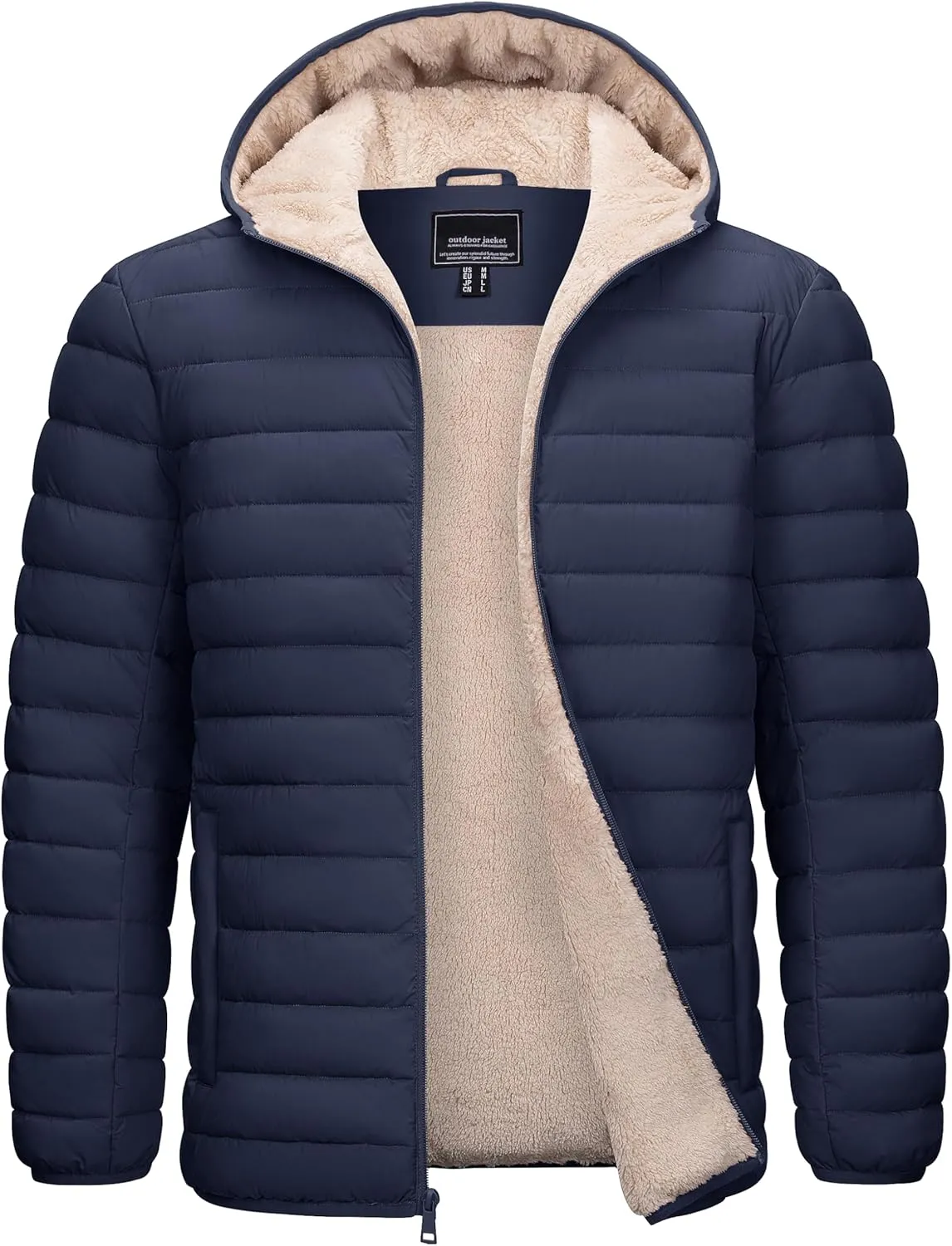 Cotrasen Mens Puffer Jacket Sherpa Lined Water Resistant Hooded Full Zip Mid-Weight Warm Insulated Winter Coat