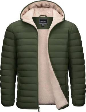 Cotrasen Mens Puffer Jacket Sherpa Lined Water Resistant Hooded Full Zip Mid-Weight Warm Insulated Winter Coat