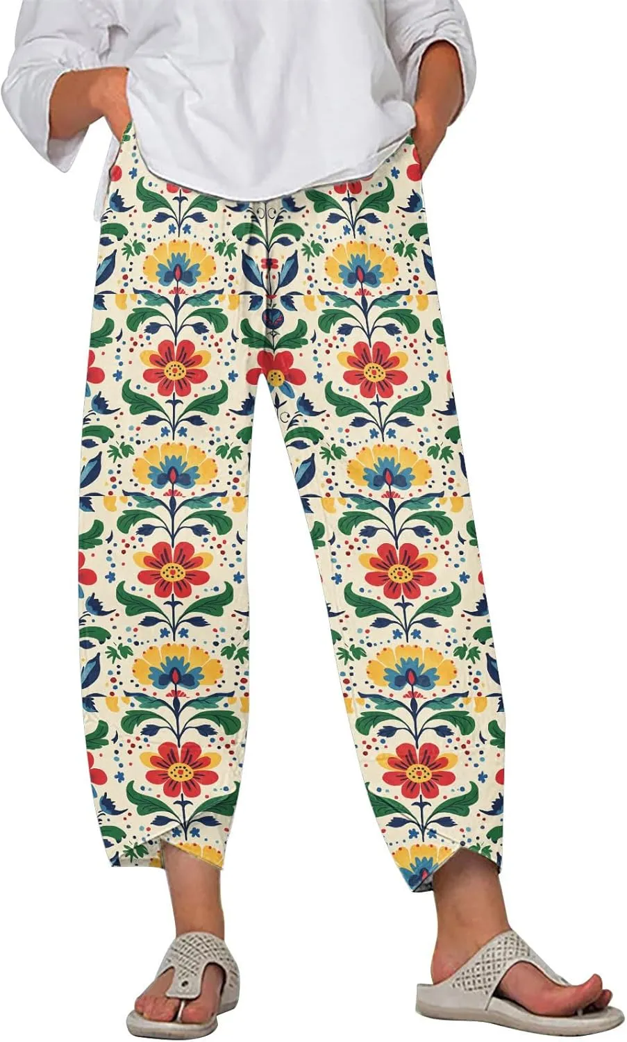 Cotton Linen Capri Pants for Women Summer Wide Leg Comfy Lounge Cropped Pants Plus Size Palazzo Trousers with Pockets