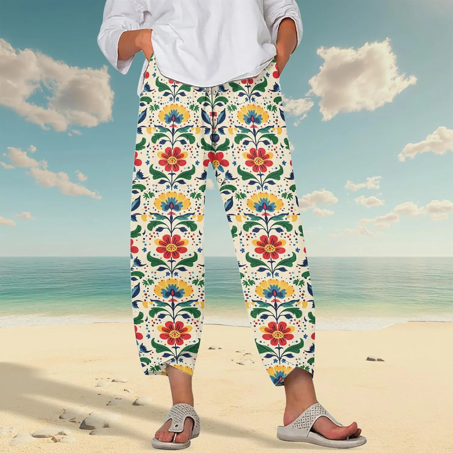 Cotton Linen Capri Pants for Women Summer Wide Leg Comfy Lounge Cropped Pants Plus Size Palazzo Trousers with Pockets