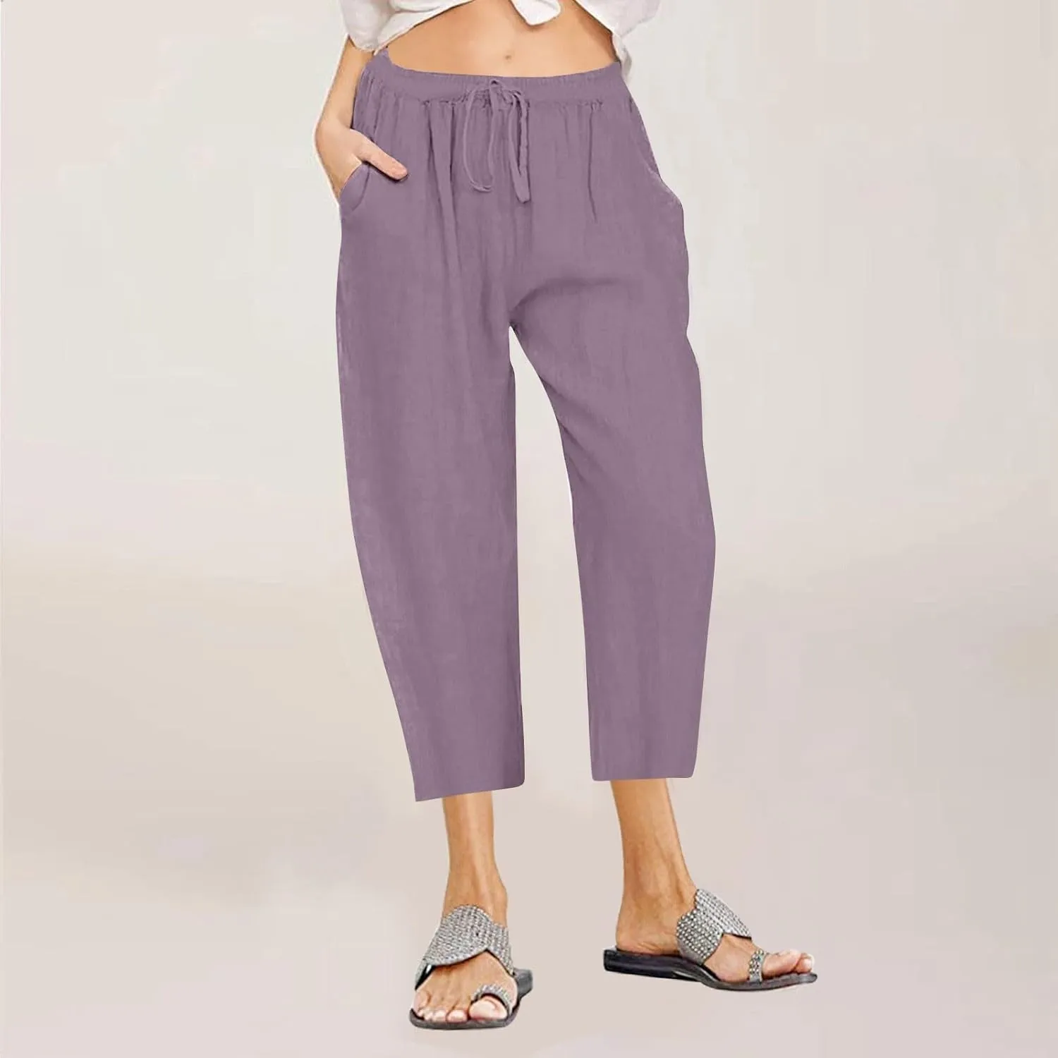 Cotton Linen Capris Pants Women Solid Color Elasticated Waist Cropped Trousers Summer Plain Pant Casual Bottoms Pockets