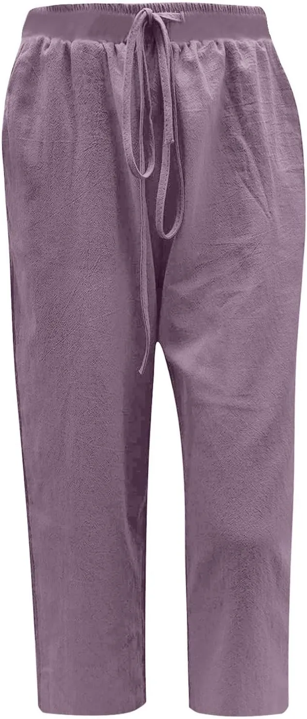 Cotton Linen Capris Pants Women Solid Color Elasticated Waist Cropped Trousers Summer Plain Pant Casual Bottoms Pockets