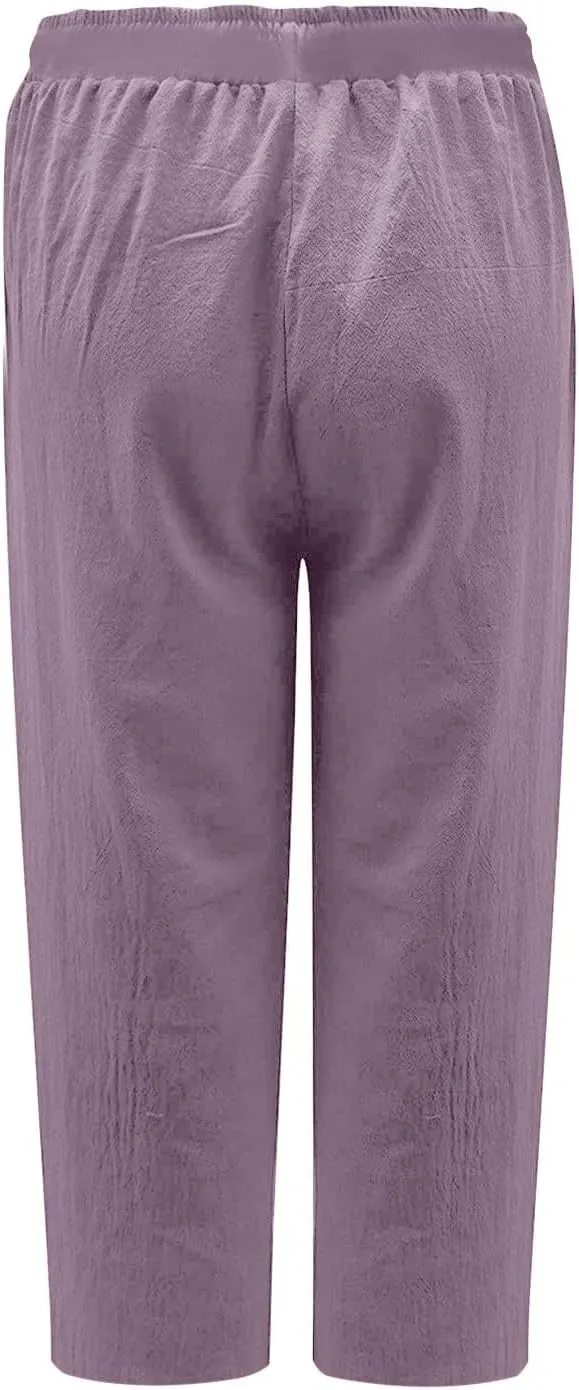 Cotton Linen Capris Pants Women Solid Color Elasticated Waist Cropped Trousers Summer Plain Pant Casual Bottoms Pockets