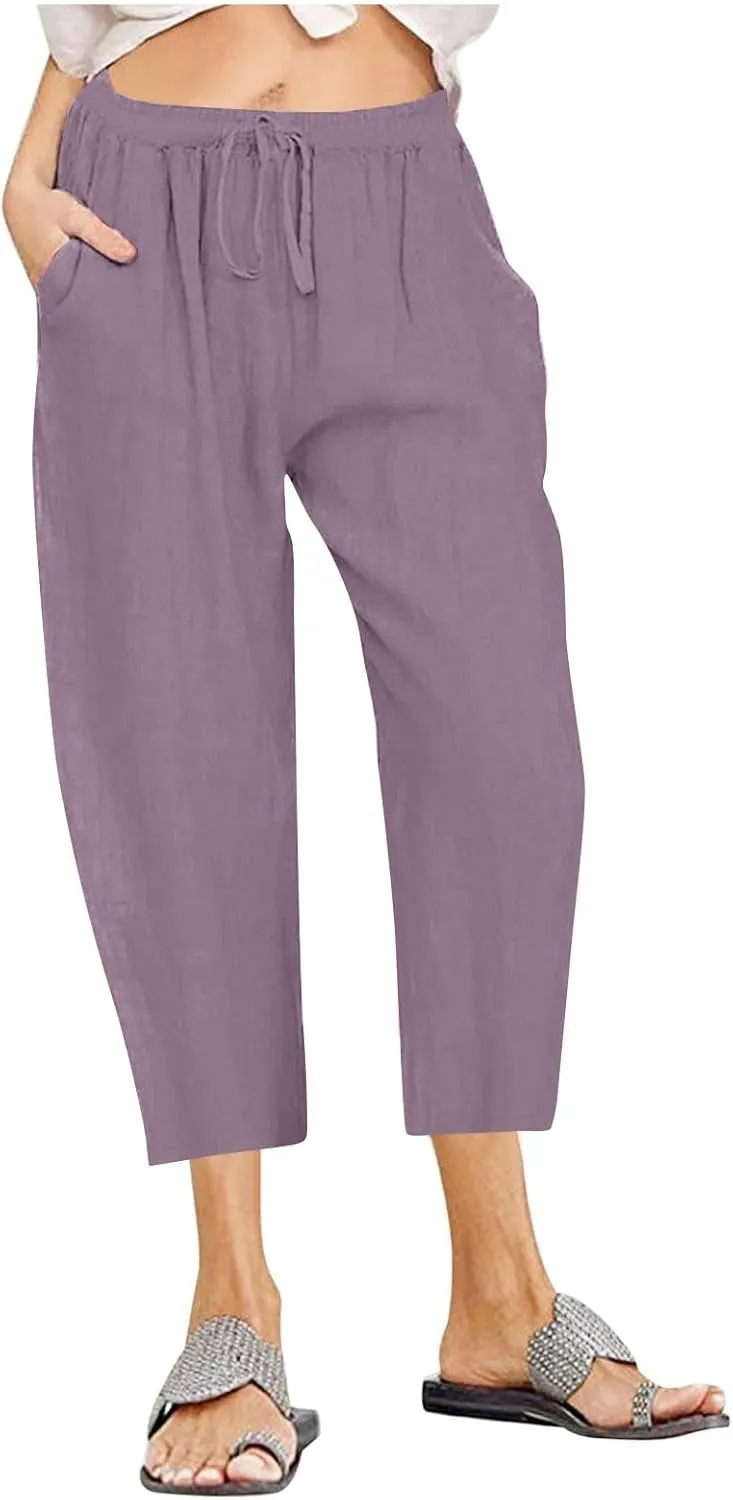 Cotton Linen Capris Pants Women Solid Color Elasticated Waist Cropped Trousers Summer Plain Pant Casual Bottoms Pockets