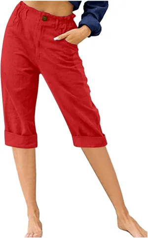 Cotton Linen Cropped Pants for Women Loose Casual Capris Breathable Lightweight Dress Pant Summer Straight Leg Trousers