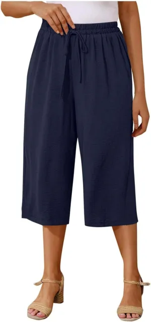 Cotton Linen Cropped Pants Women 3/4 Length Trousers Solid Wide Leg Capri Pant Summer Breathable Trouser Baggy Capris