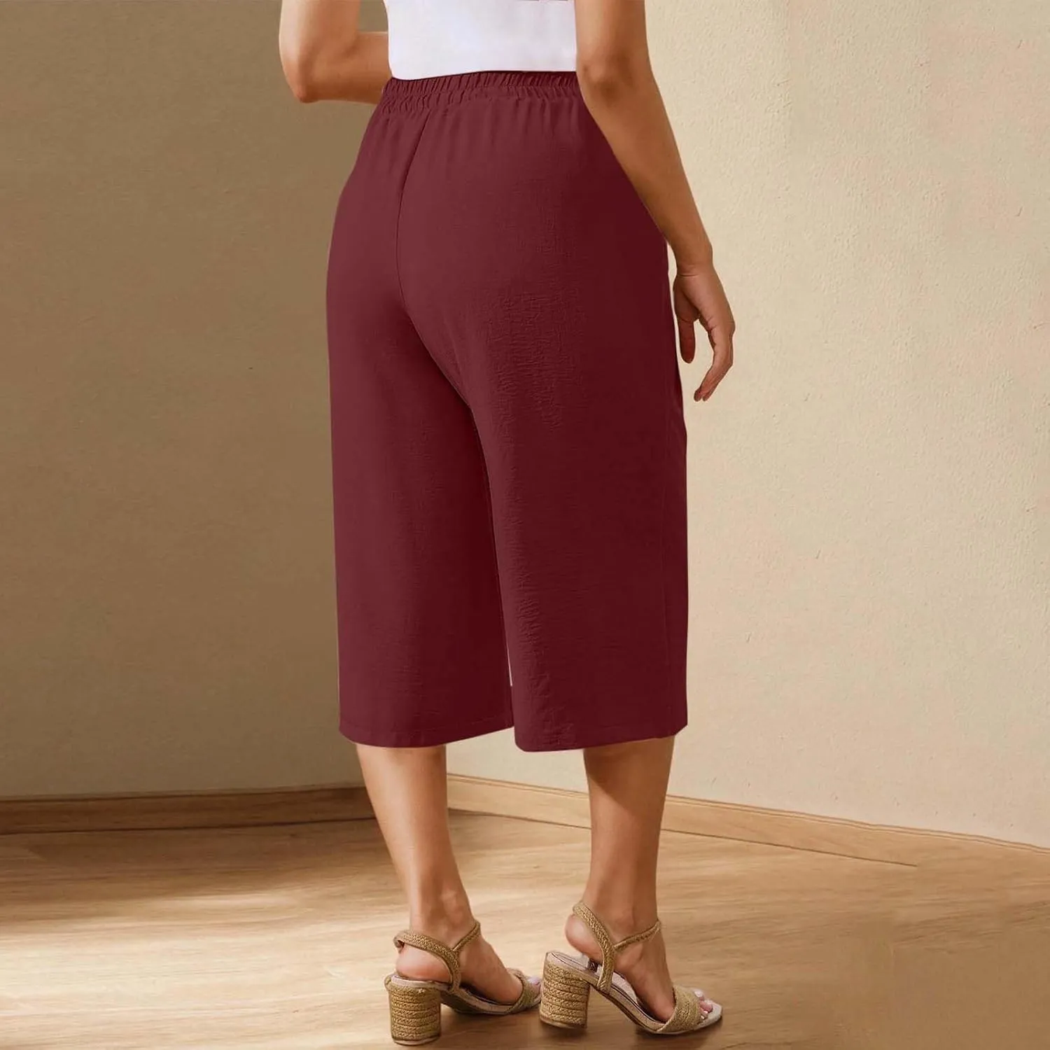 Cotton Linen Cropped Pants Women 3/4 Length Trousers Solid Wide Leg Capri Pant Summer Breathable Trouser Baggy Capris