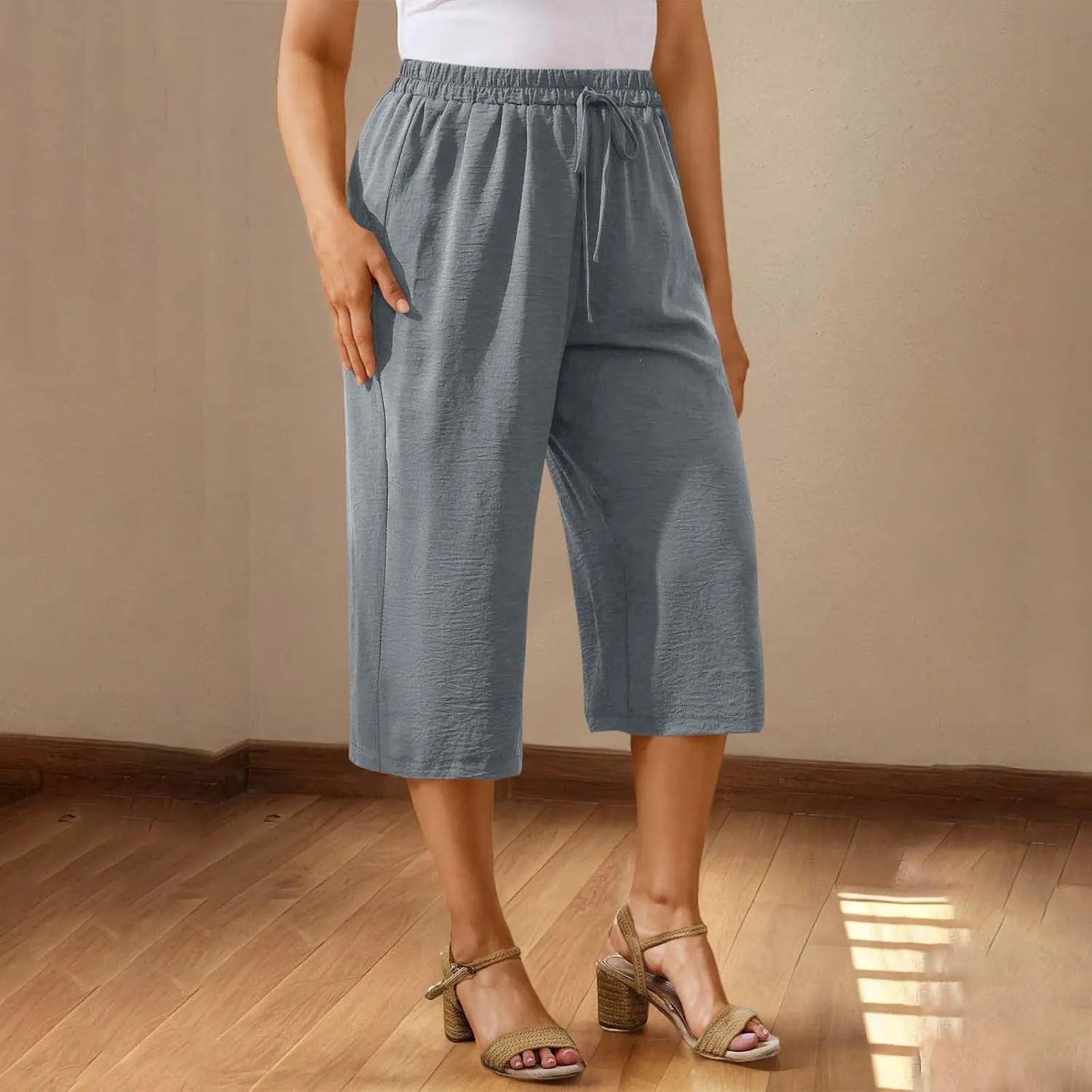 Cotton Linen Cropped Pants Women 3/4 Length Trousers Solid Wide Leg Capri Pant Summer Breathable Trouser Baggy Capris