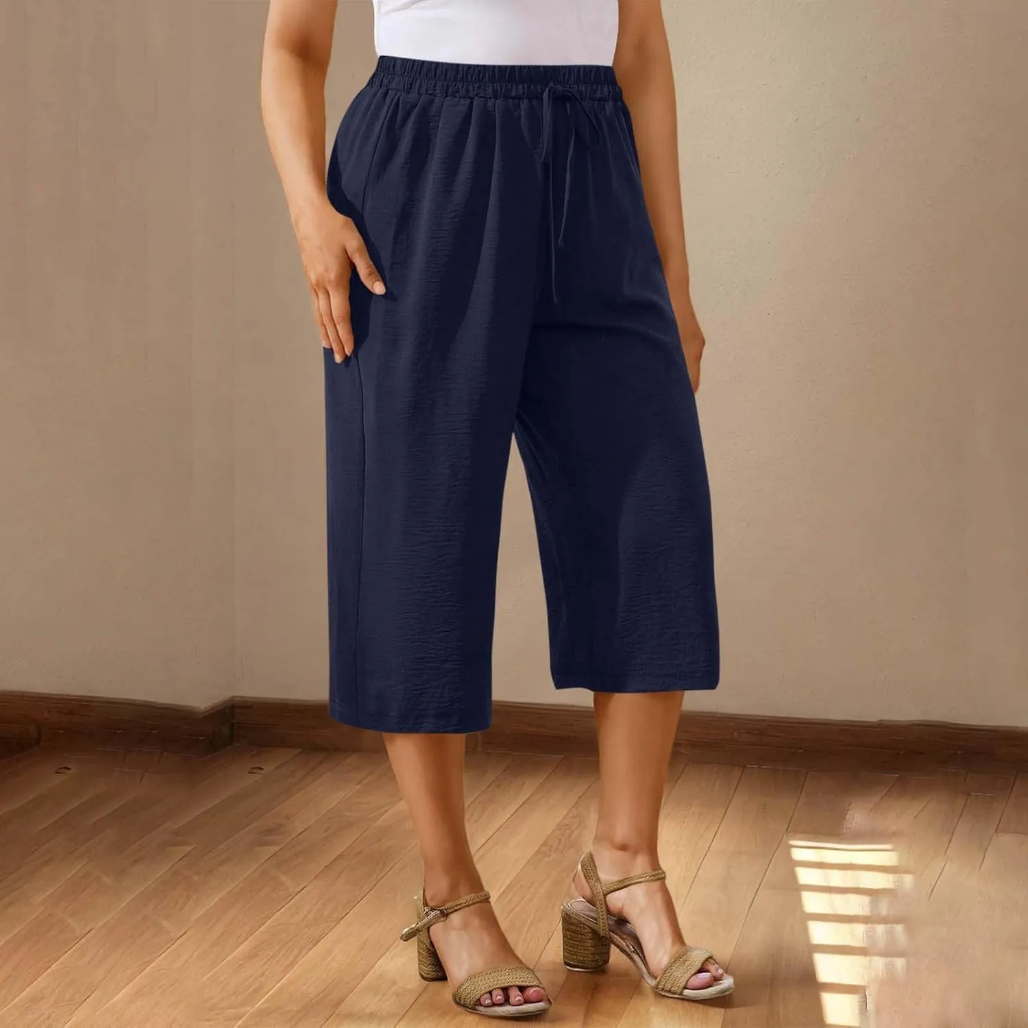 Cotton Linen Cropped Pants Women 3/4 Length Trousers Solid Wide Leg Capri Pant Summer Breathable Trouser Baggy Capris