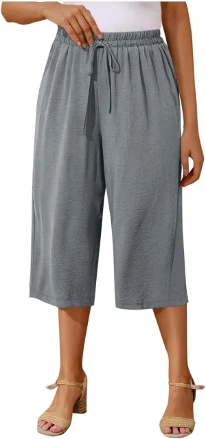 Cotton Linen Cropped Pants Women 3/4 Length Trousers Solid Wide Leg Capri Pant Summer Breathable Trouser Baggy Capris