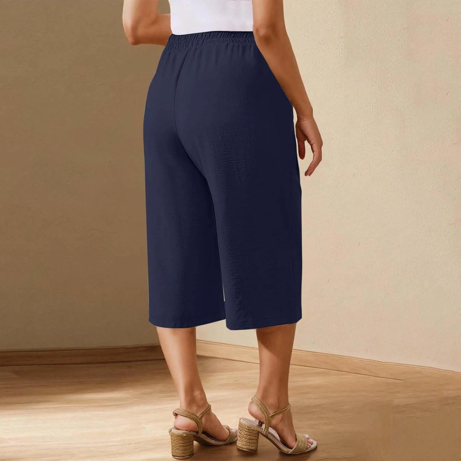 Cotton Linen Cropped Pants Women 3/4 Length Trousers Solid Wide Leg Capri Pant Summer Breathable Trouser Baggy Capris