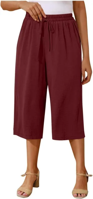 Cotton Linen Cropped Pants Women 3/4 Length Trousers Solid Wide Leg Capri Pant Summer Breathable Trouser Baggy Capris