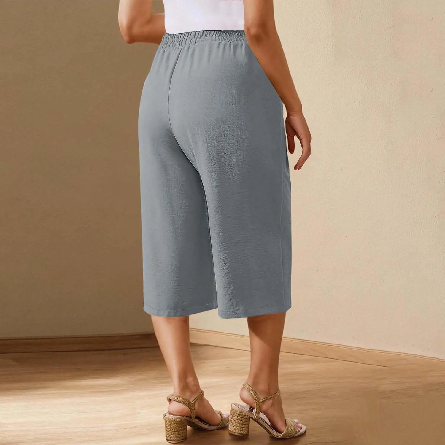 Cotton Linen Cropped Pants Women 3/4 Length Trousers Solid Wide Leg Capri Pant Summer Breathable Trouser Baggy Capris