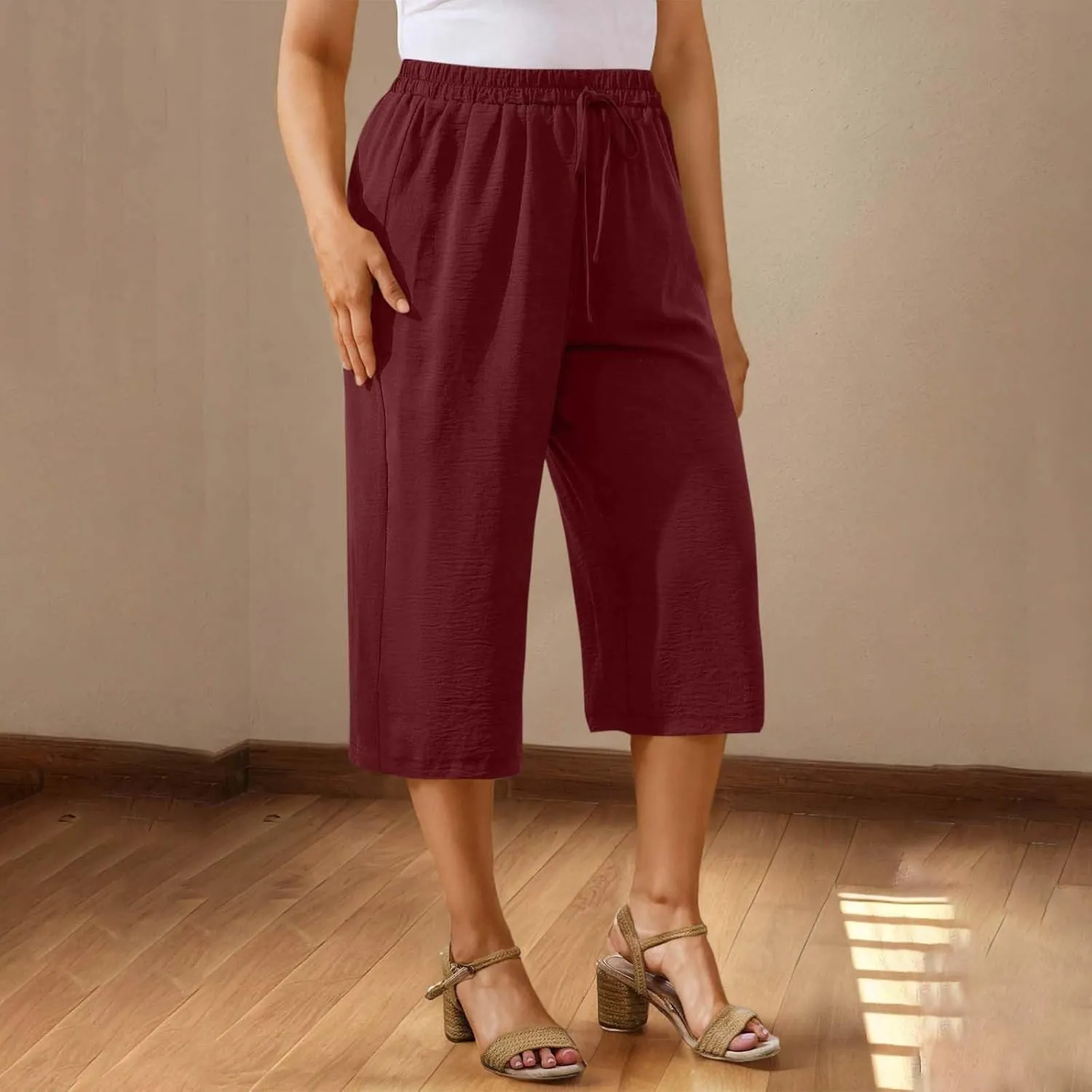 Cotton Linen Cropped Pants Women 3/4 Length Trousers Solid Wide Leg Capri Pant Summer Breathable Trouser Baggy Capris