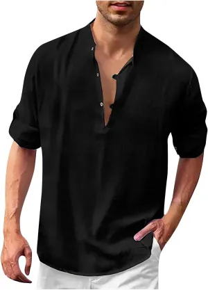 Cotton Linen Shirt Men Long Sleeve Solid Color Loose Trendy Casual Tees Shirts Loose Beach Band Collar Blouses 2025