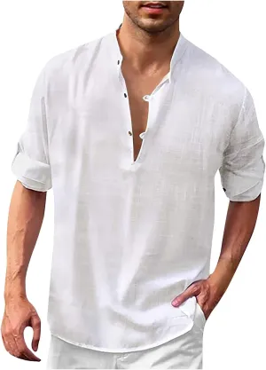 Cotton Linen Shirt Men Long Sleeve Solid Color Loose Trendy Casual Tees Shirts Loose Beach Band Collar Blouses 2025