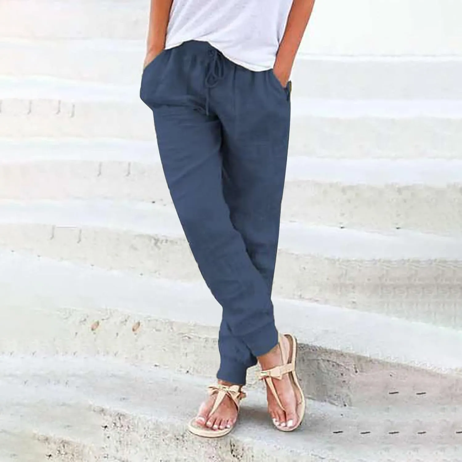 Cotton Linen Tapered Pants Womens Summer Drawstring Elastic Waisted Pant Casual Joggers Travel Trousers with Pockets