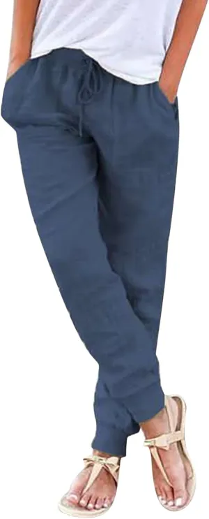 Cotton Linen Tapered Pants Womens Summer Drawstring Elastic Waisted Pant Casual Joggers Travel Trousers with Pockets