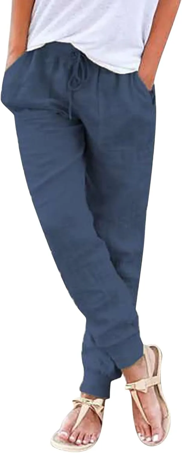 Cotton Linen Tapered Pants Womens Summer Drawstring Elastic Waisted Pant Casual Joggers Travel Trousers with Pockets