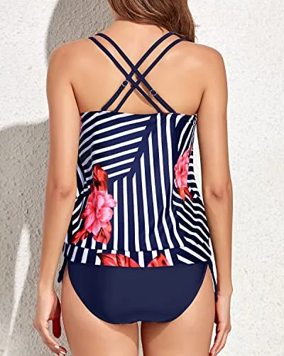 Criss Cross Back Blouson Tankini Tummy Control Swimsuit For Women-Blue Floral
