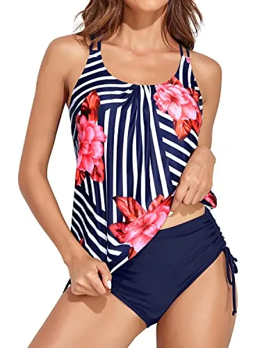 Criss Cross Back Blouson Tankini Tummy Control Swimsuit For Women-Blue Floral