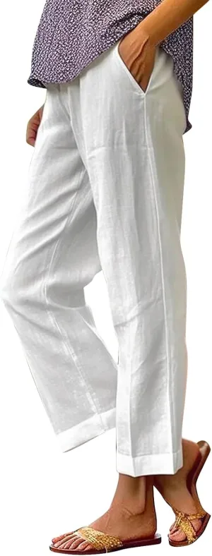 Cropped Linen Pants Women Elastic Pants Long Drawstring Linen Women Waist Cotton Casual Pants Striped Linen Pants