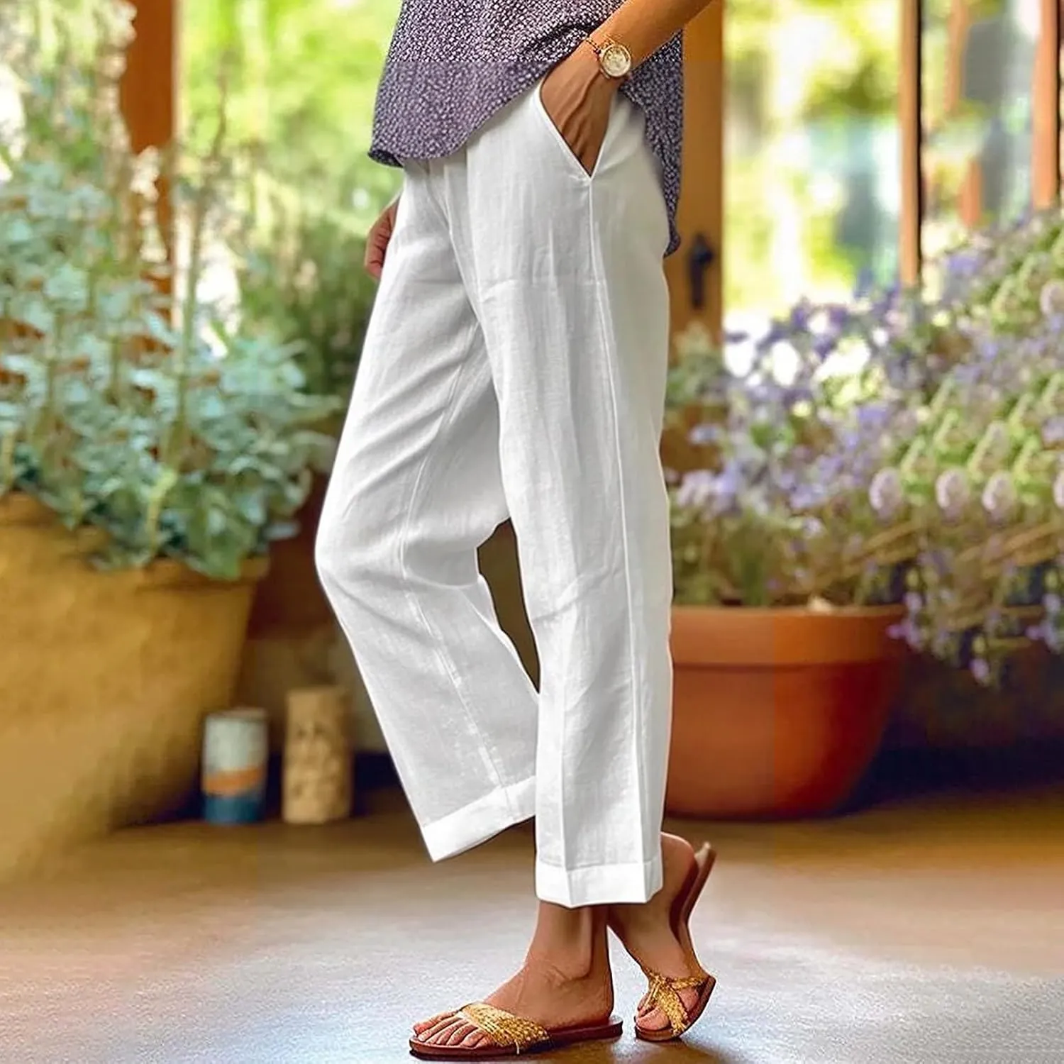 Cropped Linen Pants Women Elastic Pants Long Drawstring Linen Women Waist Cotton Casual Pants Striped Linen Pants