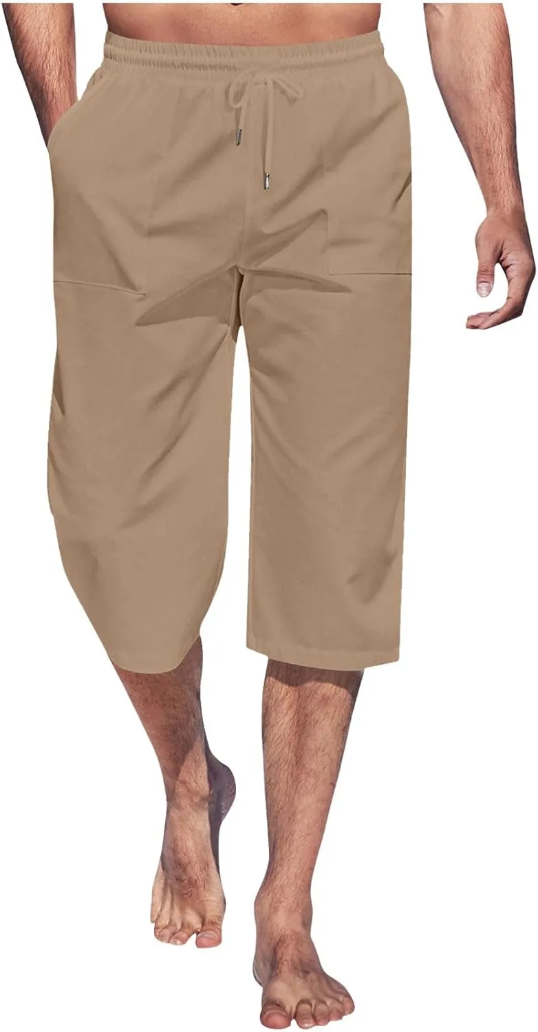 Cropped Pants Men 3/4 Length Trousers Sweatpants Elastic Waist Trouser Straight Leg Pant Shorts Stretch Capri Legging