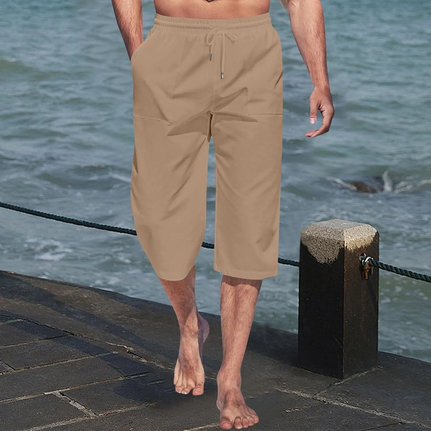 Cropped Pants Men 3/4 Length Trousers Sweatpants Elastic Waist Trouser Straight Leg Pant Shorts Stretch Capri Legging