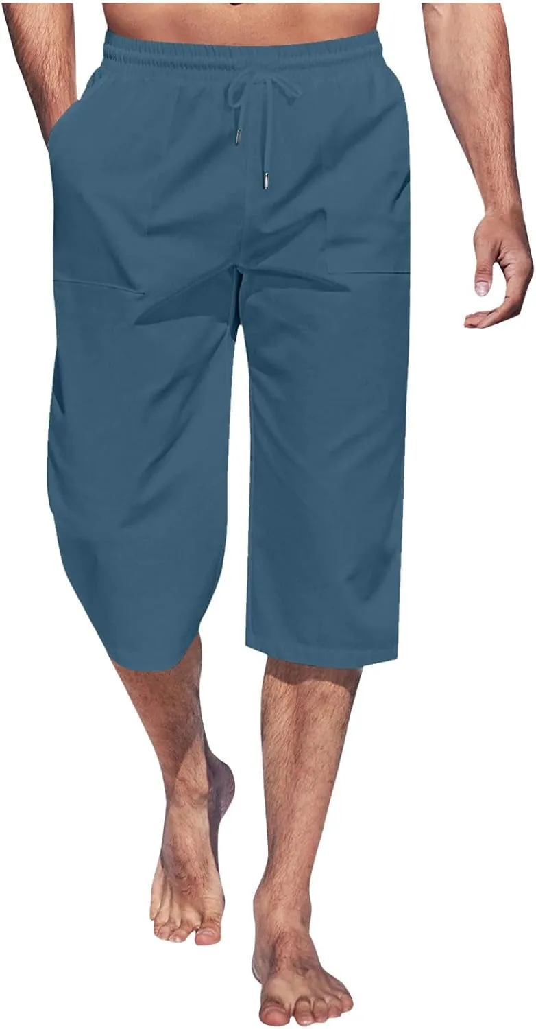 Cropped Pants Men 3/4 Length Trousers Sweatpants Elastic Waist Trouser Straight Leg Pant Shorts Stretch Capri Legging