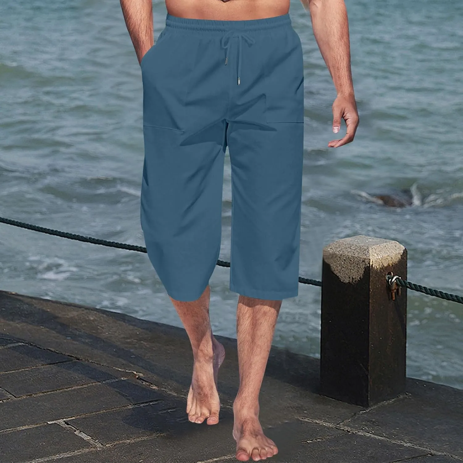 Cropped Pants Men 3/4 Length Trousers Sweatpants Elastic Waist Trouser Straight Leg Pant Shorts Stretch Capri Legging