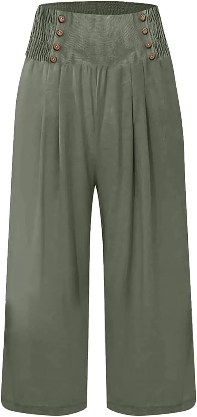 Cropped Wide Leg Pants for Women Summer Fashion Button Cotton Linen Pants High Waisted Lightweight Casual Trousers