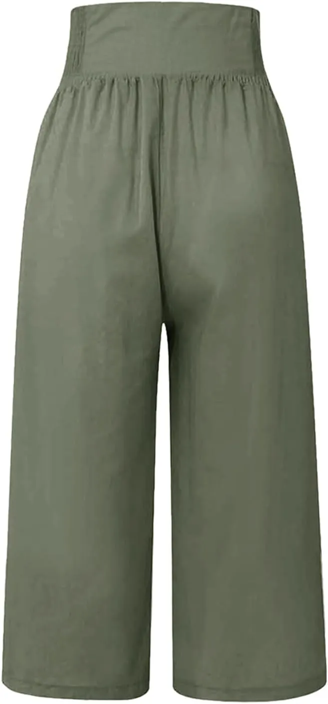 Cropped Wide Leg Pants for Women Summer Fashion Button Cotton Linen Pants High Waisted Lightweight Casual Trousers