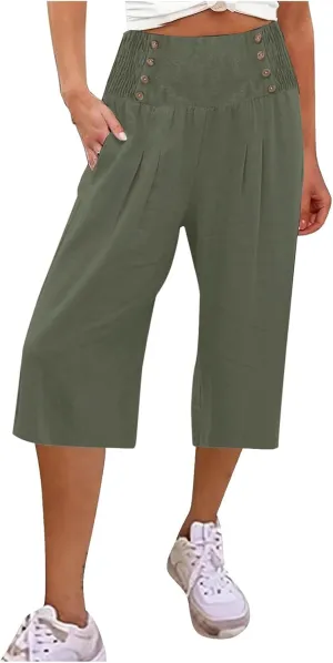 Cropped Wide Leg Pants for Women Summer Fashion Button Cotton Linen Pants High Waisted Lightweight Casual Trousers